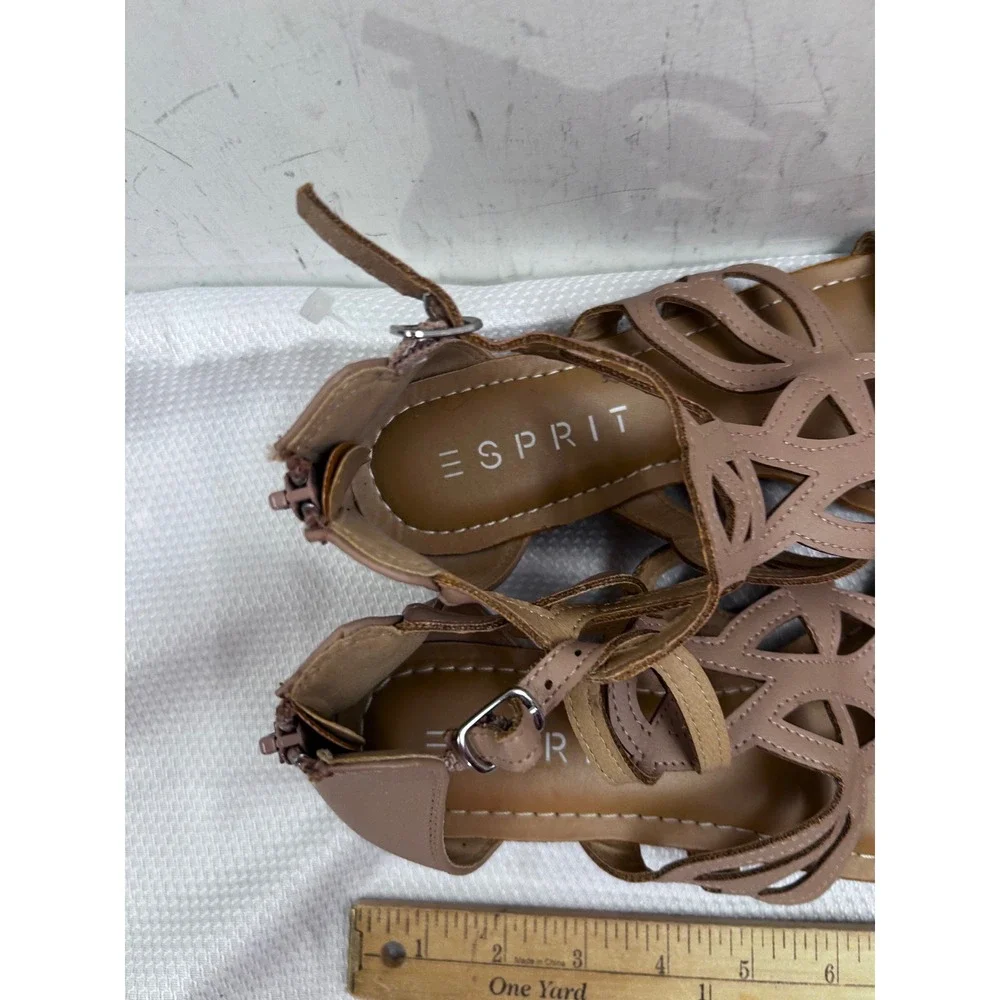 Esprit Wedge Sandals 7.5 Tan Laser Cut Cage Cork Heel Womens
